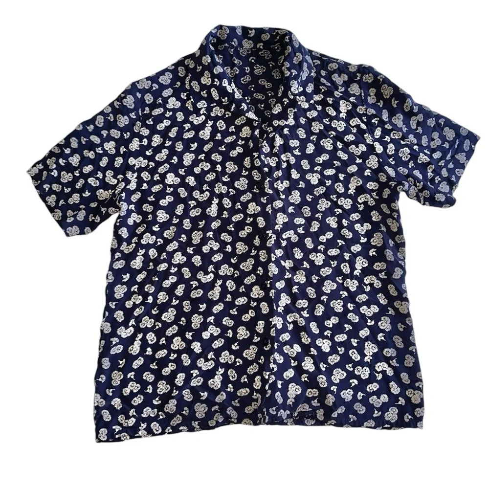 Tanner Sport Navy & Cream Floral Rayon Button Down Shirt Sz 10